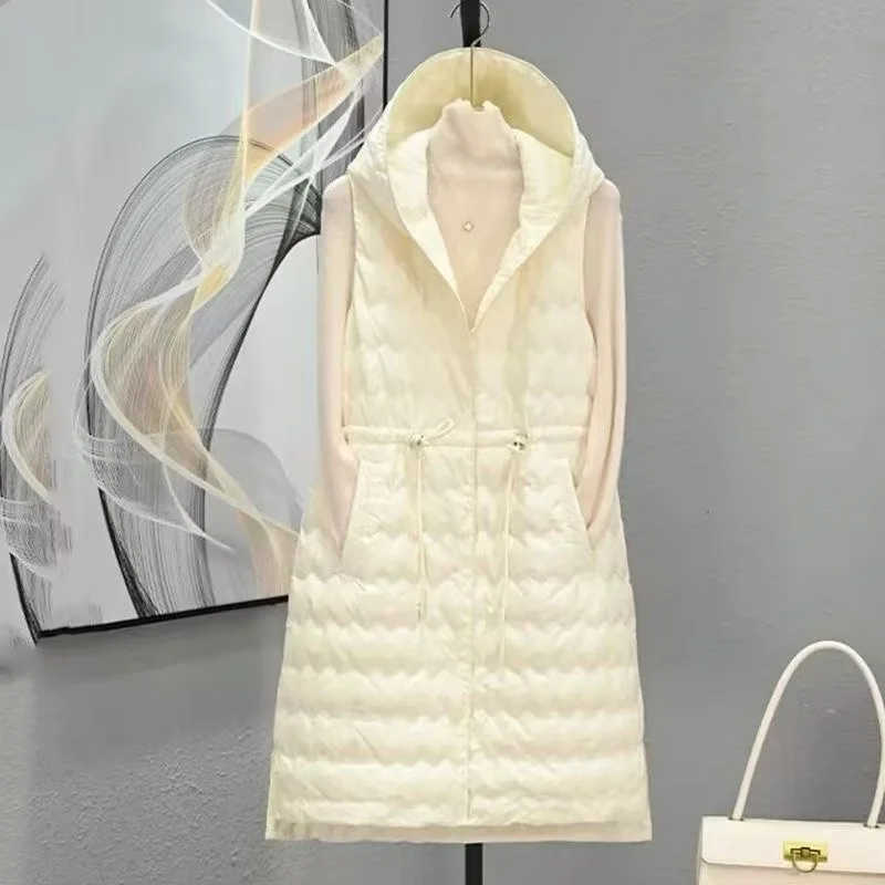 Hooded Down Cotton Vest For Women Lightweight Autumn Winter Coat Jacket Warm Down Cotton Sleeveless Coats Medium Long Waistcoat