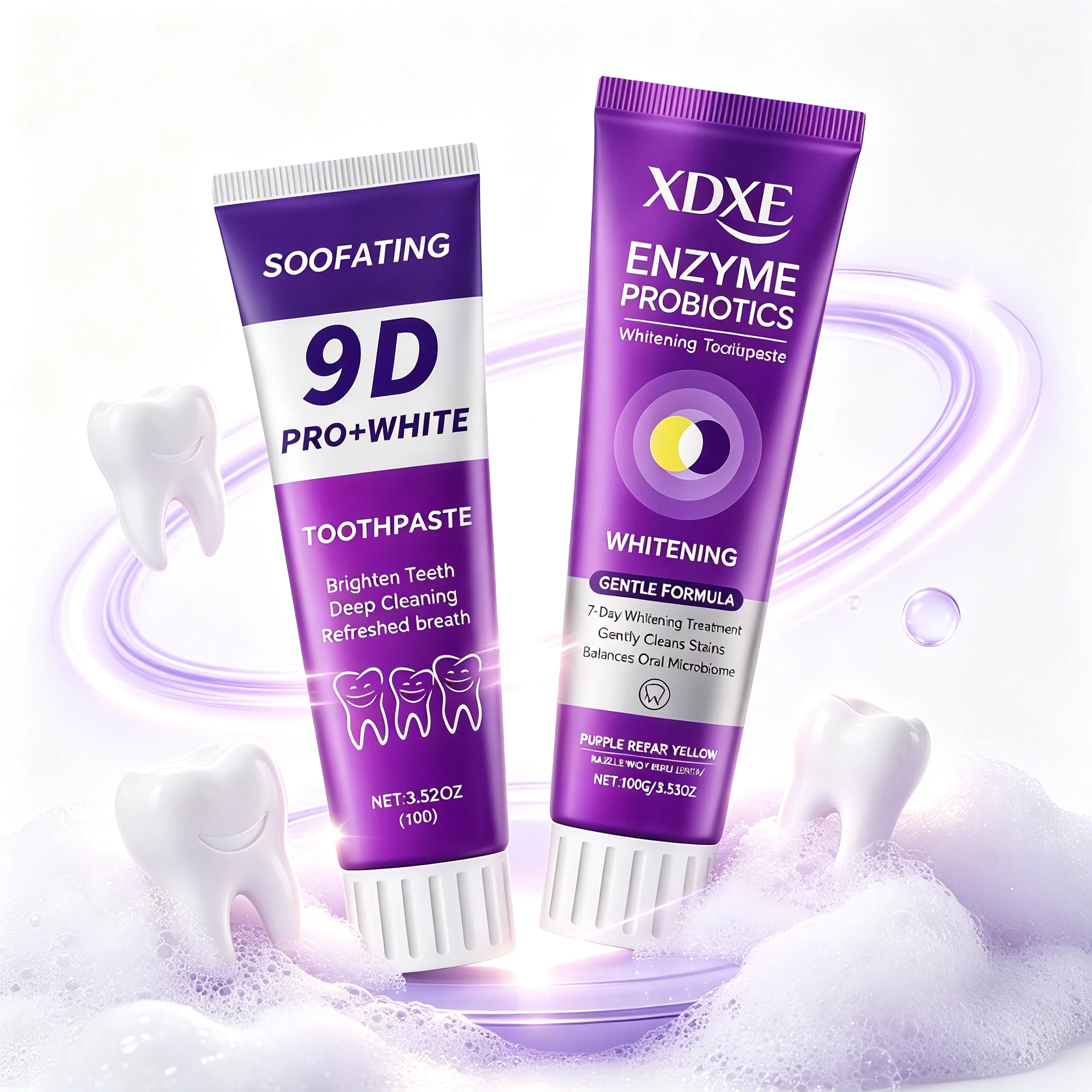 Enzyme Probiotics Toothpaste & 9D Whitening Set, Balances Oral Microbiome, 7-Day Treatment, Deep Clean & Stain Removal, 100g Each