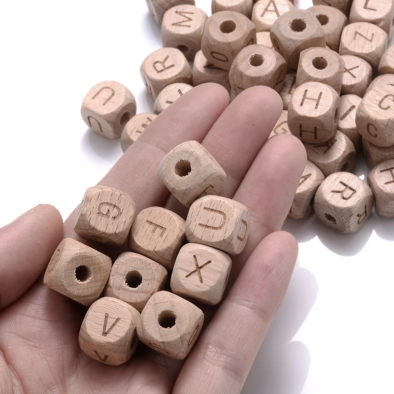 50Pcs 12mm Square Wooden Alphabet Beads English A-Z Personalized Name Letter Beads for Baby Nursing Pacifier Chain Accessoies