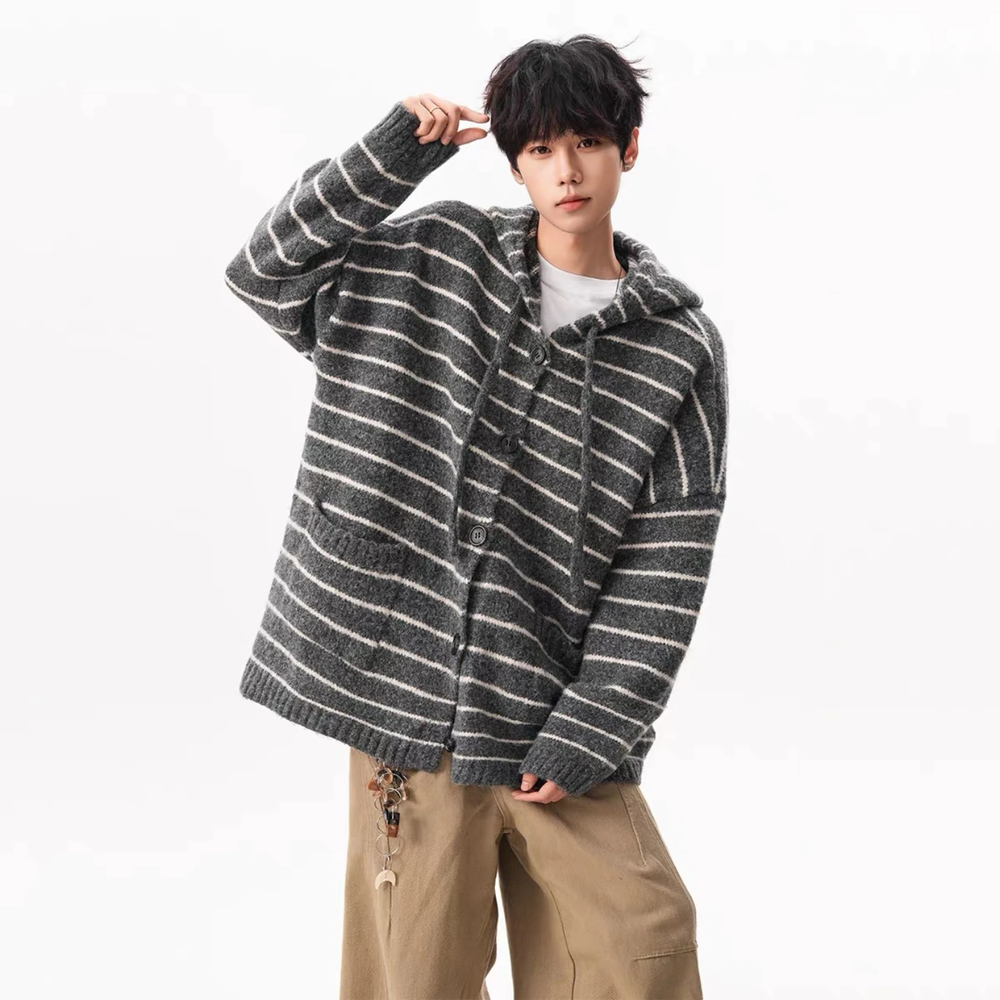 

Американский вязаный свитер в полоску с капюшоном, унисекс, винтажный, для пар, свободный кардиган, модное пальто из пряжи