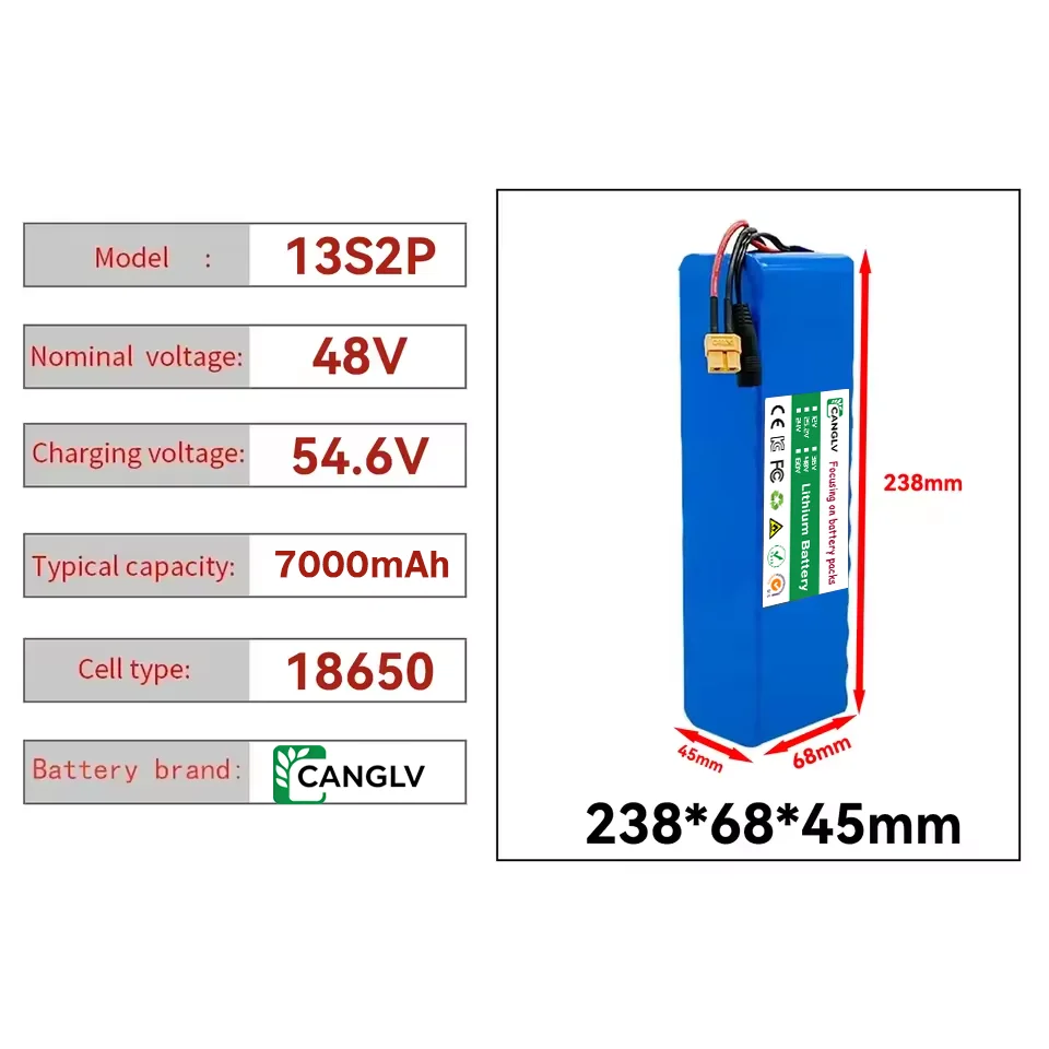 High-Capacity 13S2P 48V 7000mAh 18650 Lithium Battery Pack for Electric Vehicle Motorcycle DIY Kit with 15A BMS 54.6V 2A Charger