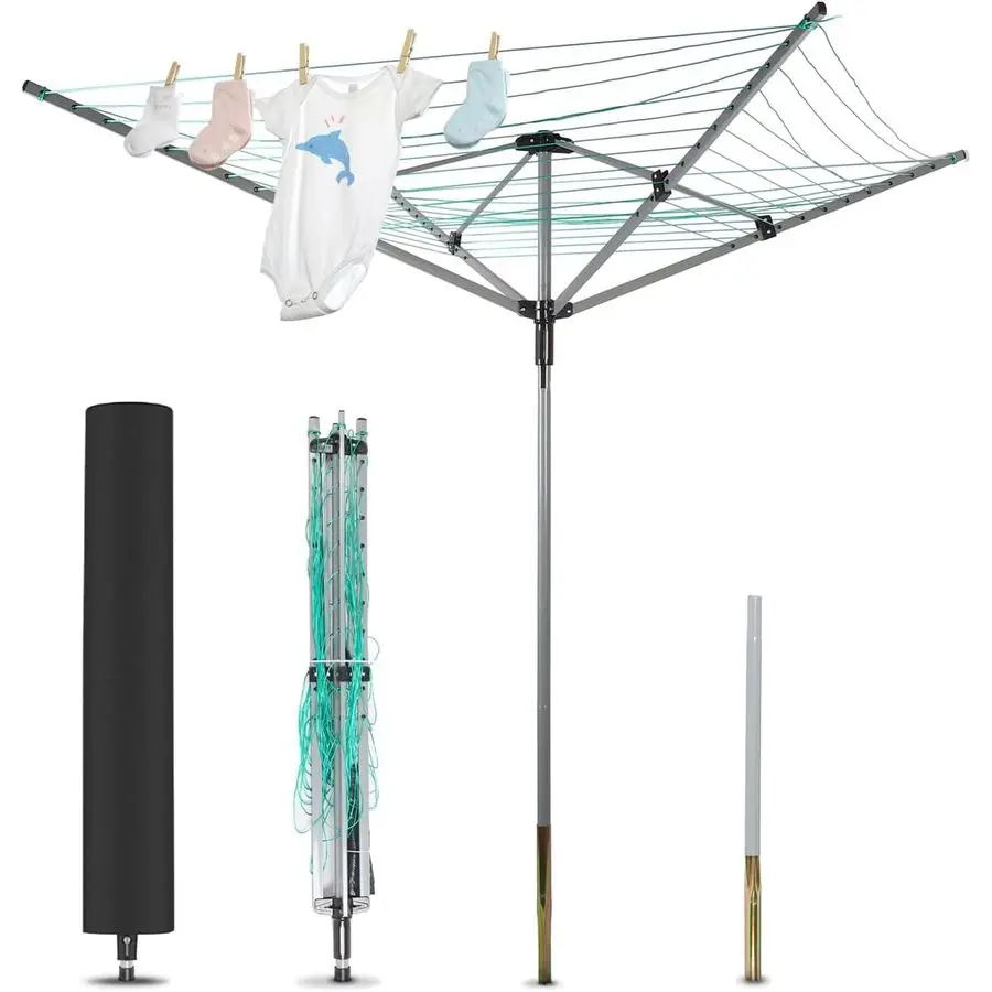 

Drying Rack Outdoor Umbrella Clothesline Rotary Retractable Clothes Line Adjustable Height 4 Arms Heavy Duty Clothesline Drying