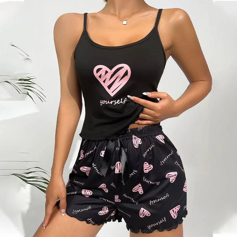 Set pigiama da donna estivo in seta di latte senza maniche con canotta e pantaloncini con set da due pezzi per indumenti da notte casual con stampa a cuore