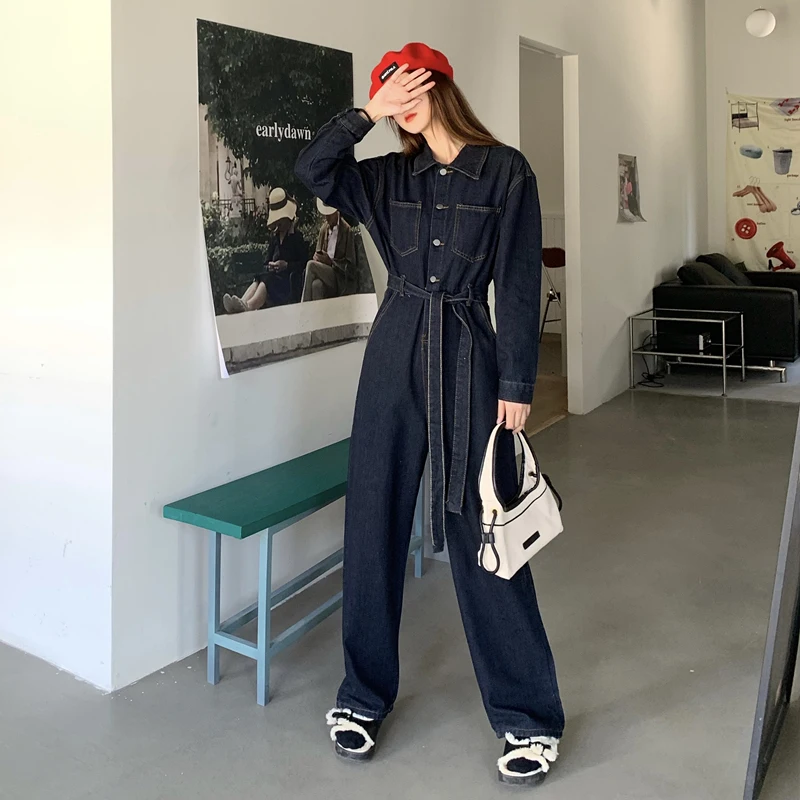 2024 Spring New Korean Fashion Solid Color Loose Waistband Denim Jumpsuit Women's Long-Sleeved College Style Jeans Pants