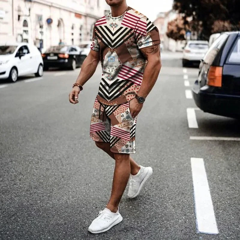 Men\'s 3D casual T-shirt suit plus size sportswear multifunctional casual suit summer beach shorts summer outdoor T-shirt shorts