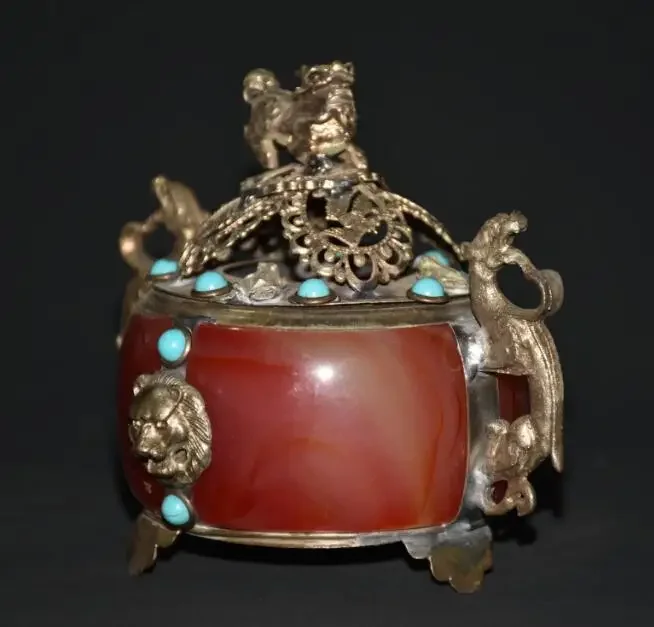 Antique Tibetan Silver Lion Statue Incense Burner Inlaid turquoise beads Home Decor Censer Crafts