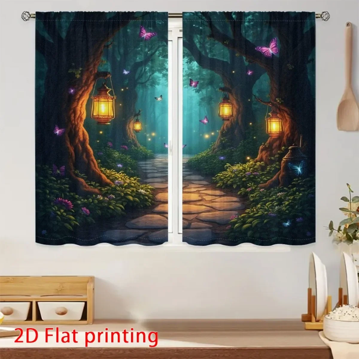 Enchanted Forest Pathway Curtain 2D Flat Printing Dreamy Magical Garden Scene Window Drapes