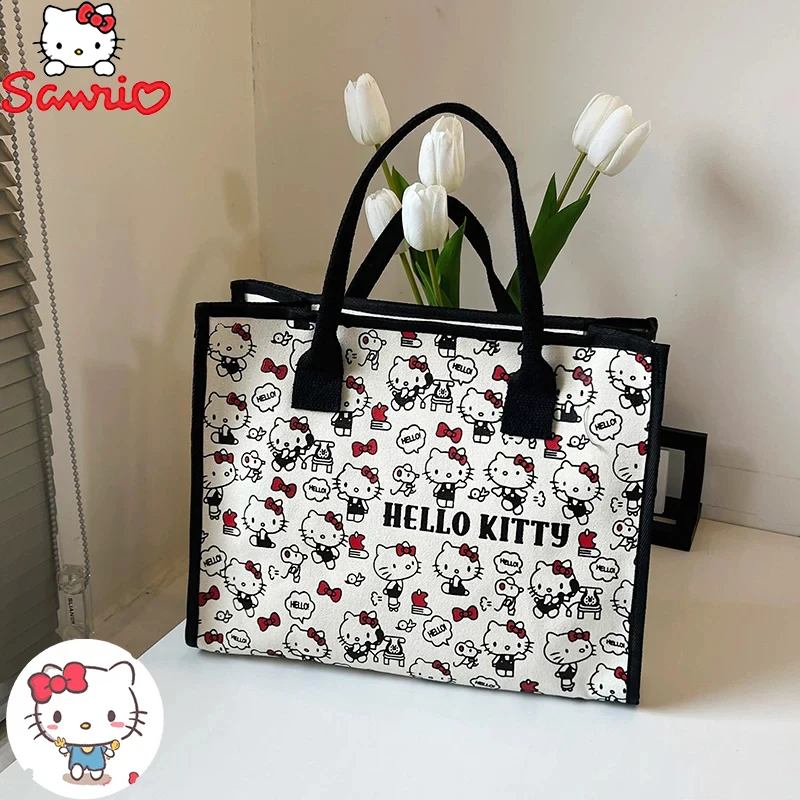 Hello Kitty All Match Retro Canvas Bag Women Commuter Shoulder Handbag Girl Student Large Capacity Cartoon Schoolbag