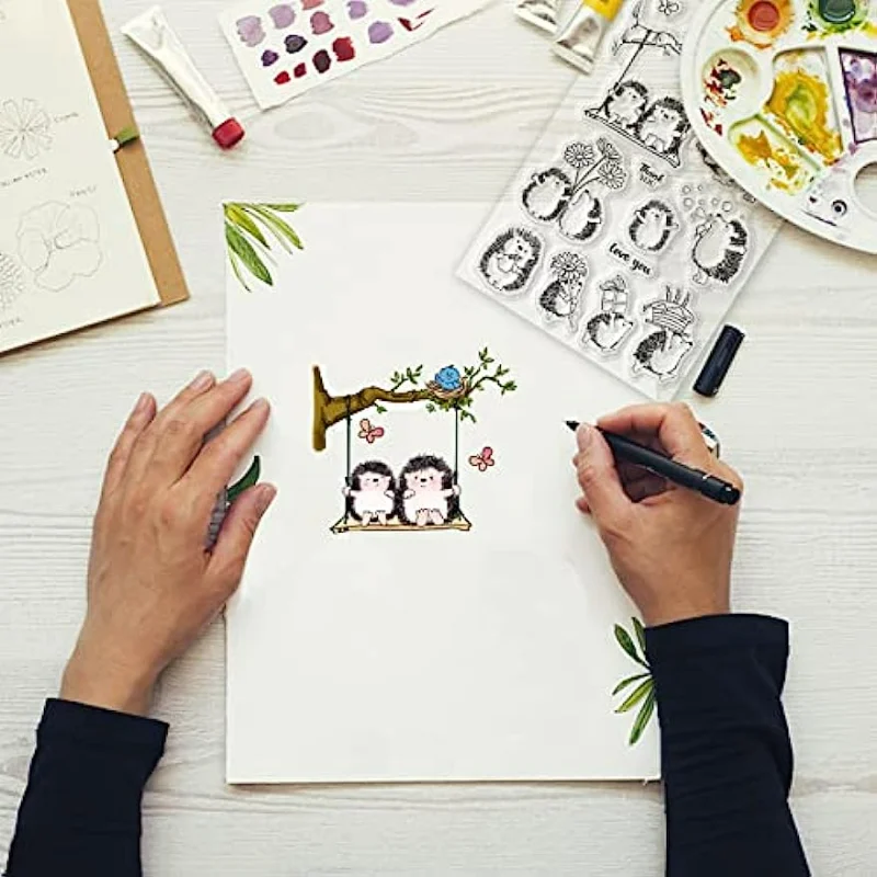 Hedgehog and Animal Clear Stamps for DIY Scrapbooking Decor Friend Swing Transparent Silicone Stamps for Cards Photo Album Decor