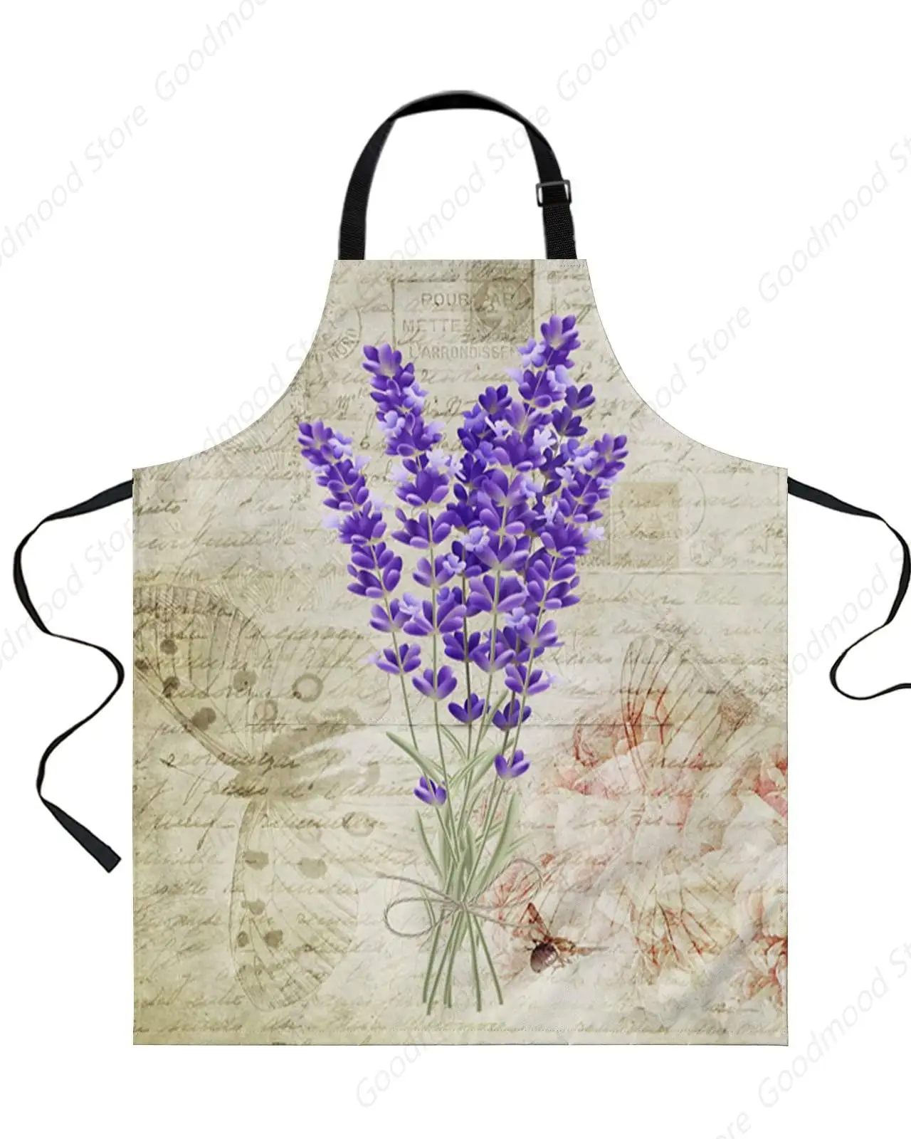 Close-up Lavender Bib Aprons with Pockets Waterproof, Adjustable Apron for Men Women Retro Purple Floral Pattern