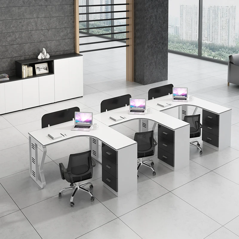 Modern Simple Office Furniture Durable Wooden L-Shaped Office Screen for 2/4/6-Person Employee Booth Desk with Chair