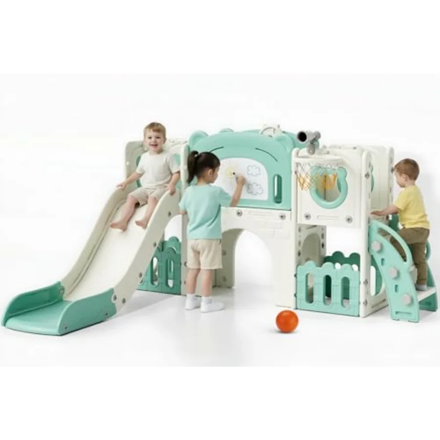 

10-in-1 Large Toddler Slide Set Slide Climber Playset with Drawing Board Basketball Hoop Sturdy Baby Playground Indoor Outdoor