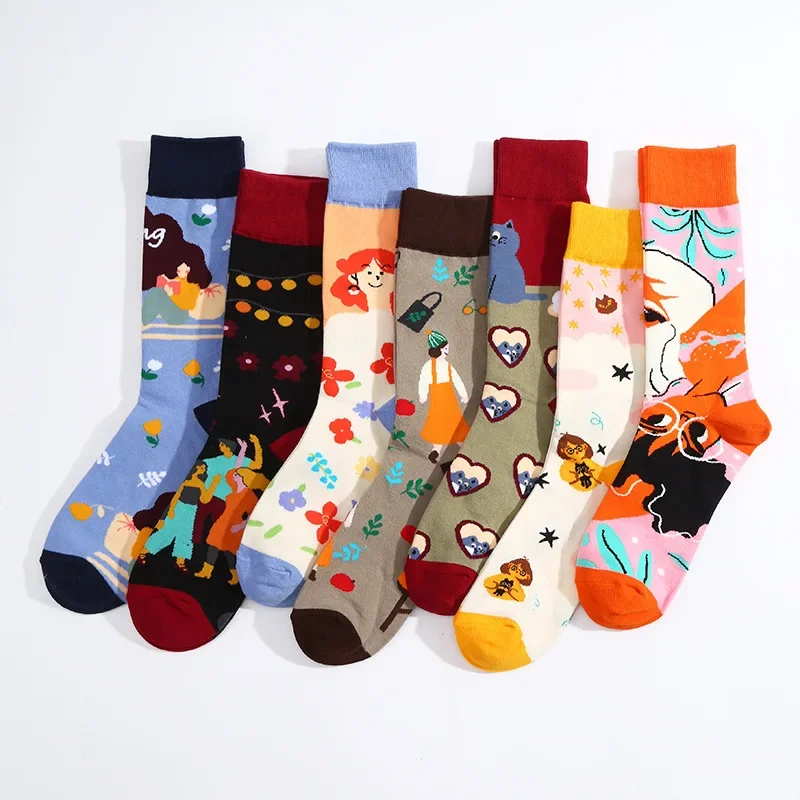 2025 neue Mode Ölgemälde Cartoon lustige Unisex Crew Socken Frauen Männer Baumwolle Neuheit kreative Cartoon Socken Geschenke Großhandel