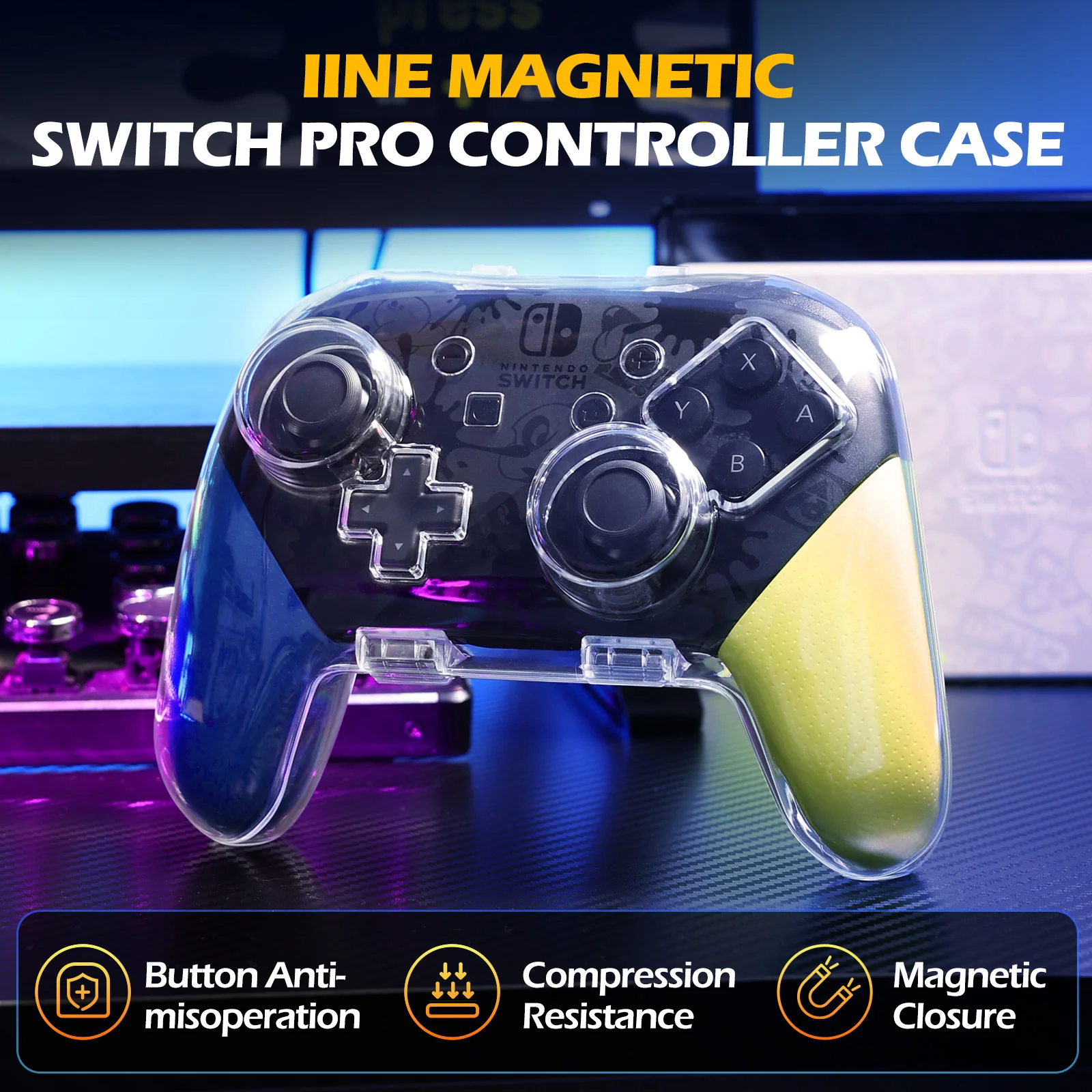 IINE Transparent Switch Pro Controller Storage Case Magnetic Closure Pressure Resistant