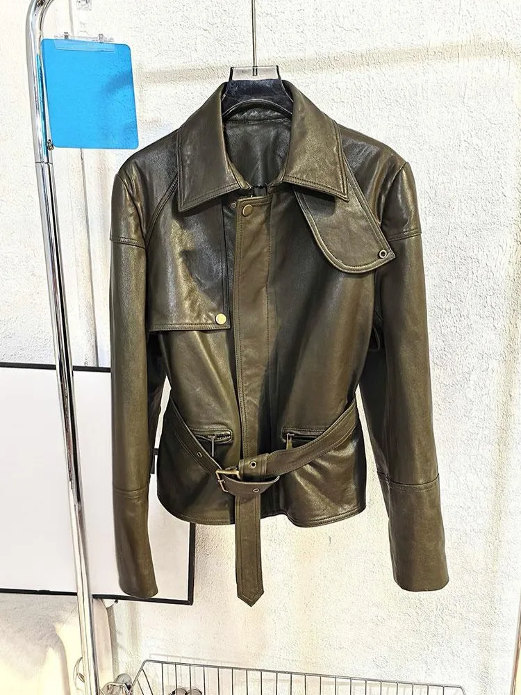 Autumn Office Women Fashion Turn Down Collar Fit Belted Coat Sheepskin Genuine Leather Jacket Zipper Vintage New Ladies Outwear