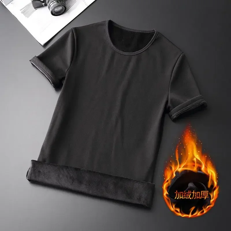 Men Thermal Underwear Tops Fleece Thickened Short Sleeve T-Shirt Keep Warm Tees O-neck Solid Bottoming Shirt Thermo Pullover