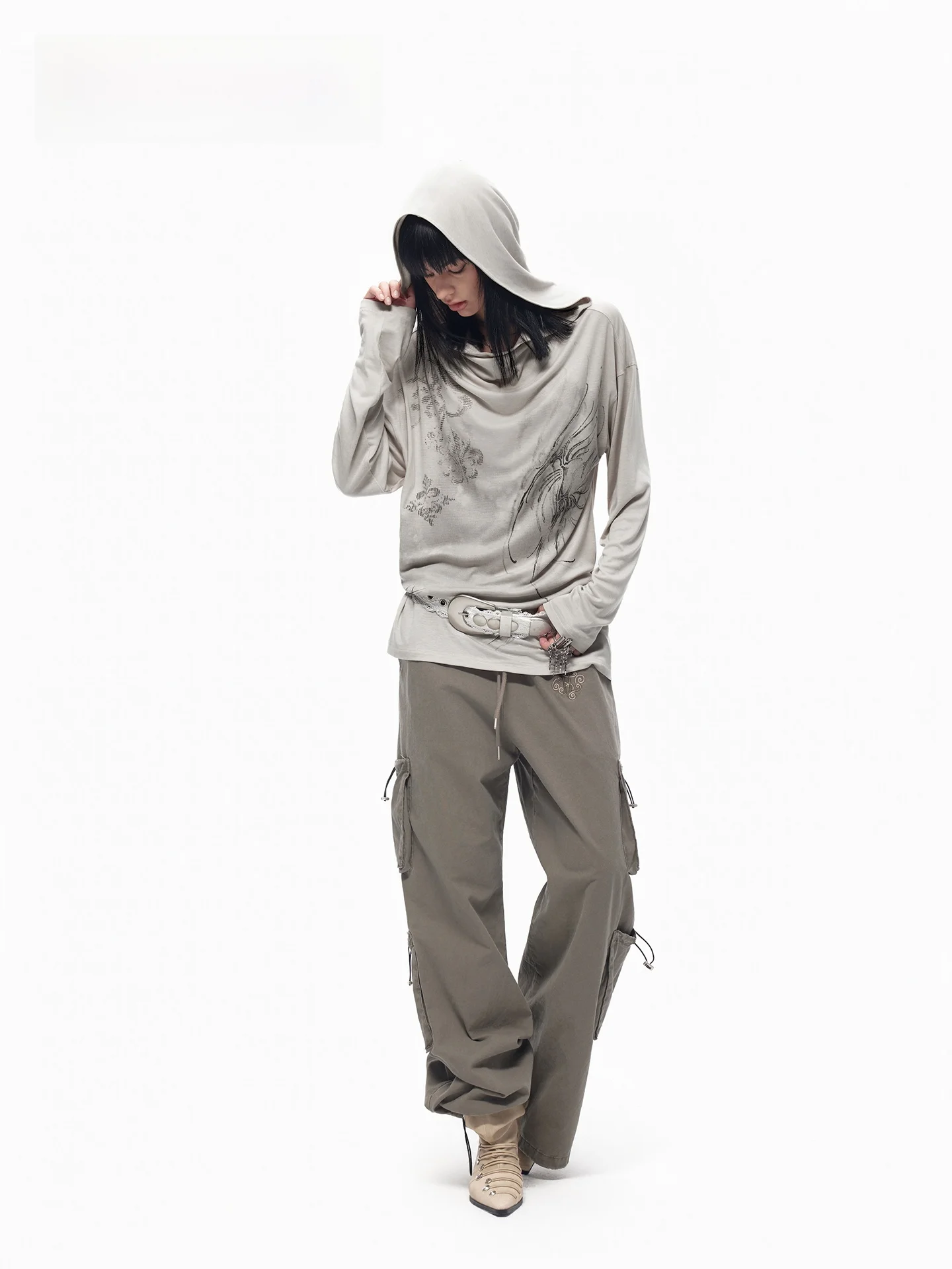 American Retro Women's Loose Wide Leg Work Pants Multi-Pocket Design Drawstring Casual Cotton Trousers Autumn Fashion