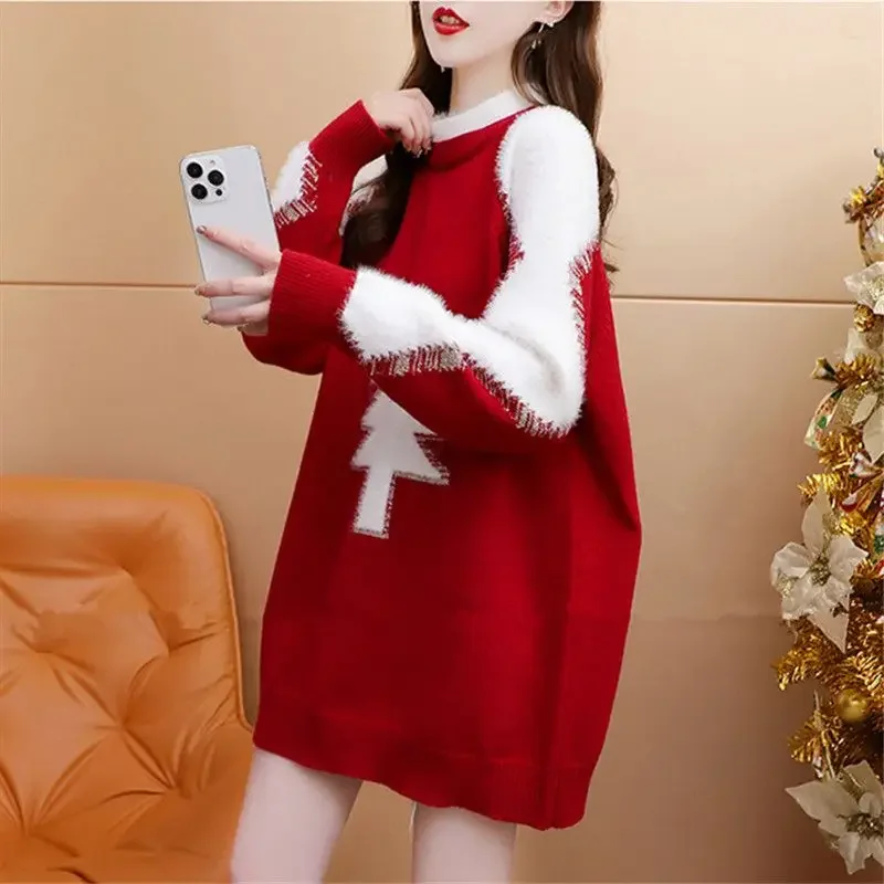 DAYIFUN Women Autumn/Winter Sweaters Christmas Tree Jacquard Color Block Design Jumpers 2023 New Korean Mid Length Loose Top