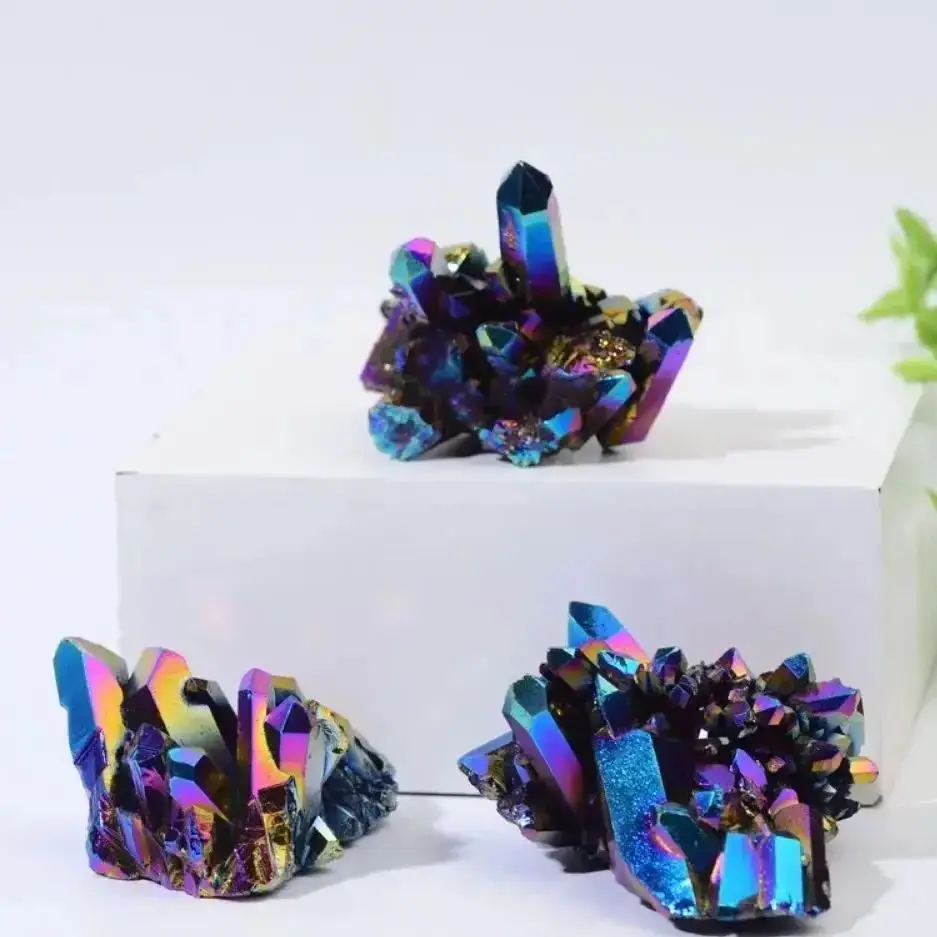 100% Natural Quartz Electroplated Colourful Column Reiki Mineral Ore Ornaments Aquarium Home Decor Blue Crystal Cluster