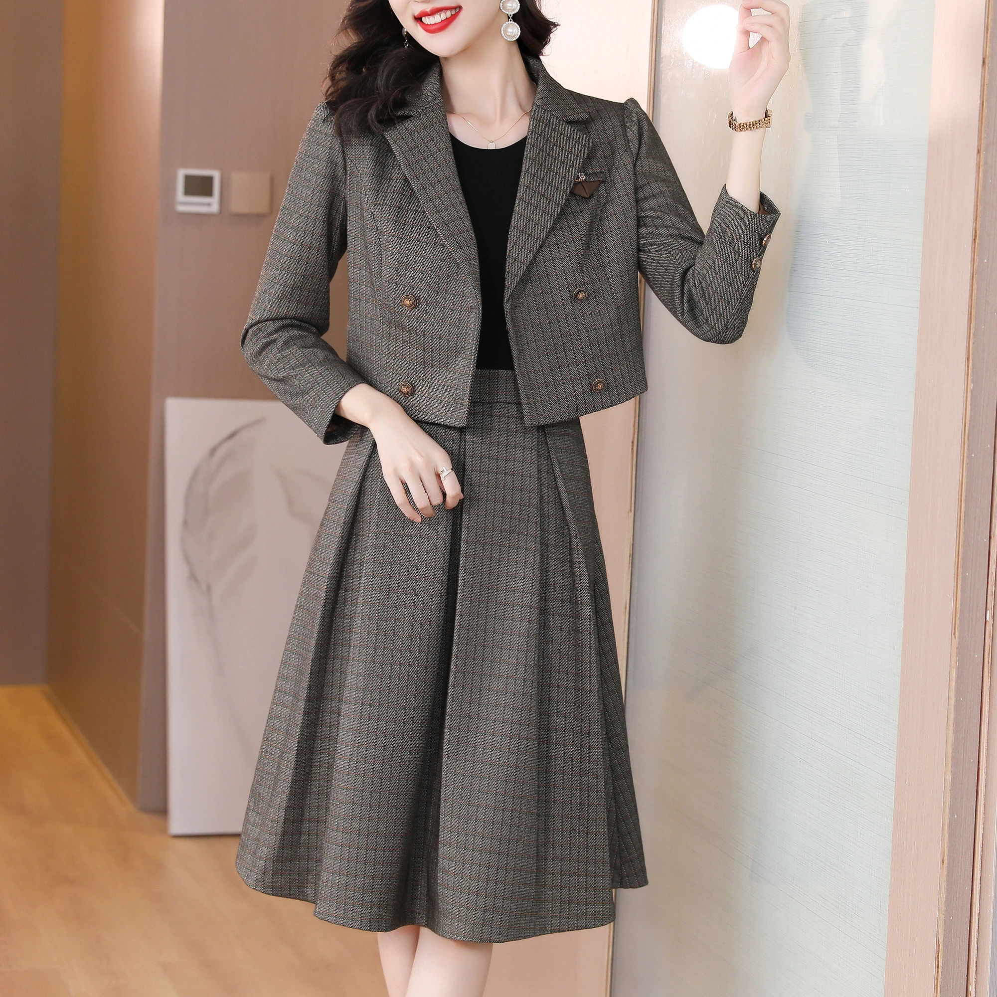 2024 Autumn Female Two Piece Woolen Suit Jacket Set Winter Casual Print Evening Vintage Prom Women Elegant Bodycon Party Vestido