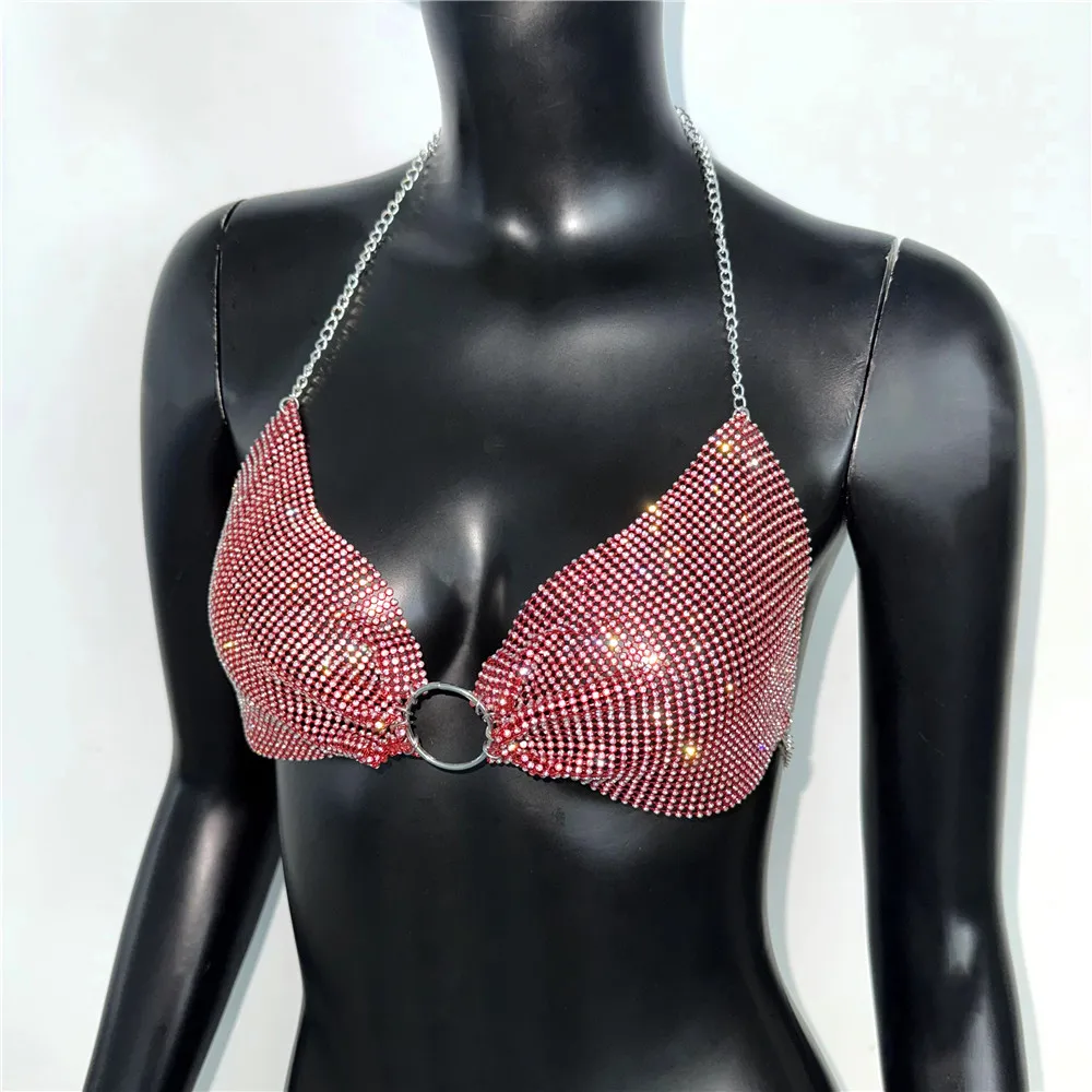 

Сексуальный металлический укороченный топ с V-образным вырезом и открытой спиной, блестящий красный топ со стразами и блестками для женщин, летняя фестивальная вечеринка, майка на бретелях