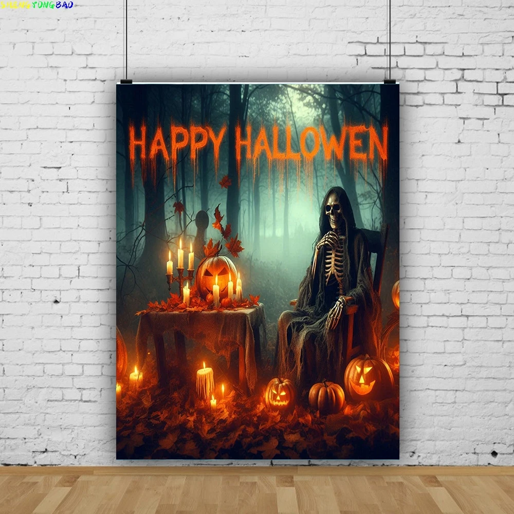 Happy Halloween Party Backdrop Full Moon Scary Night Castle Graveyard Forest Bats Pumpkin Lantern  Photography Background JS-3