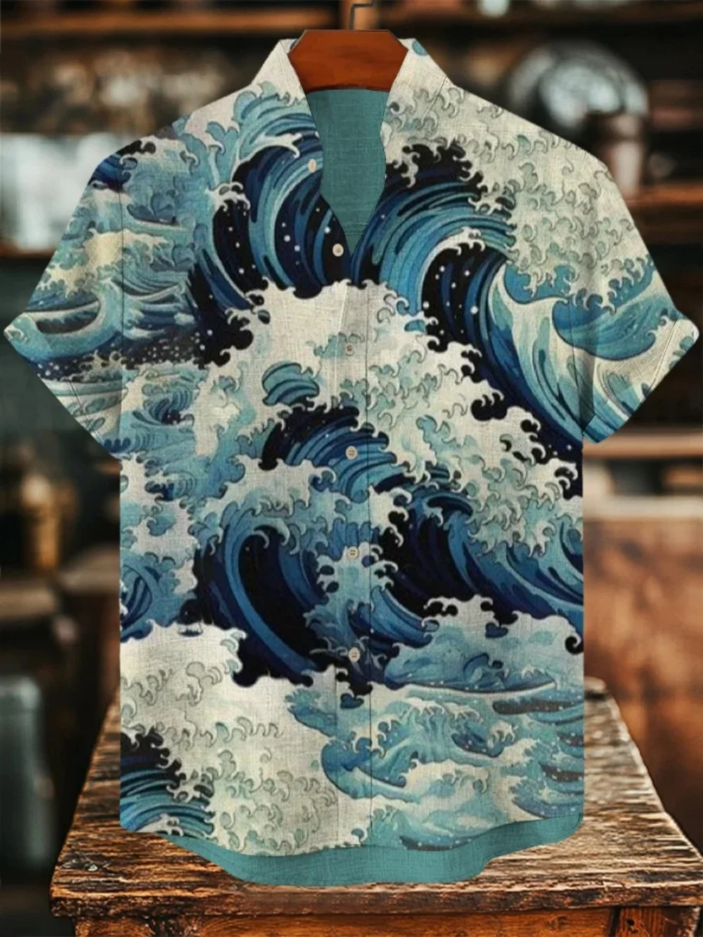 قميص رجالي صيفي بأكمام قصيرة بنمط مموج مطبوع وياقة واقفة وأزرار لأعلى ملابس شارع عصرية غير رسمية اجتماعية