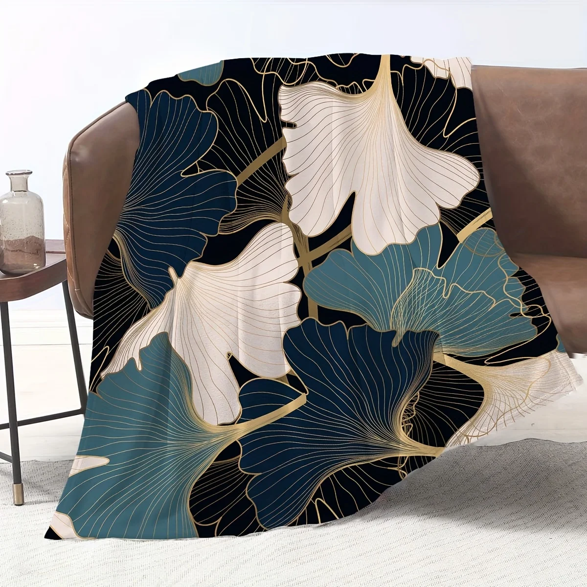 Golden Leaf Flannel Blanket Dark Blue Beige Ginkgo Design Soft Warm Tear Resistant All Season Throw for Living Room Bedroom
