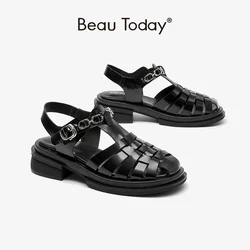 BeauToday kliny sandały kobiety kwadratowy obcas Slingback Metal Decroation pasek z klamrą Casual lato na świeże powietrze buty damskie 33073