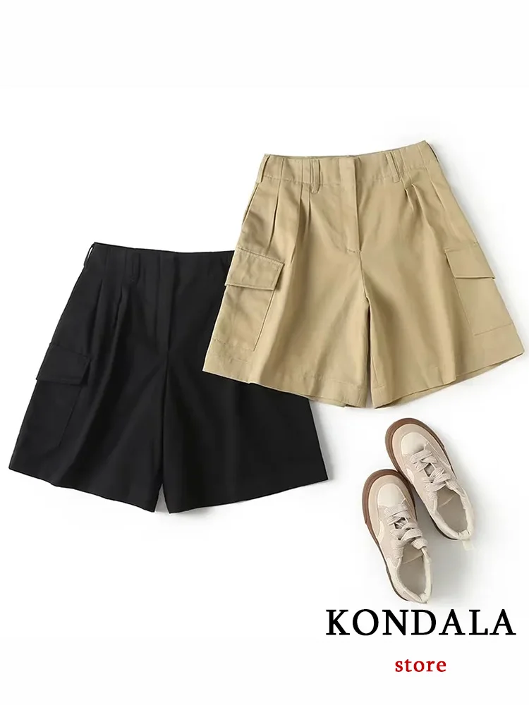 KONDALA Vintage Basic Solid Women Shorts High Waist Solid Zipper Pockets Loose Shorts New Fashion 2023 Summer Office Lady Shorts