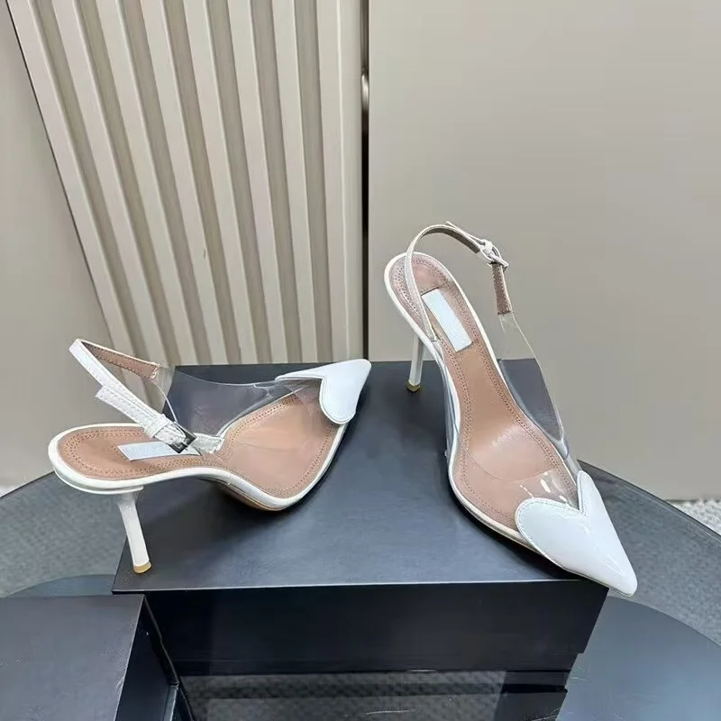 Genuine Leather French Heart-shaped Baotou Slippers For Women, Slim Heels, Pointed High Heels, Women's Cool Slippers