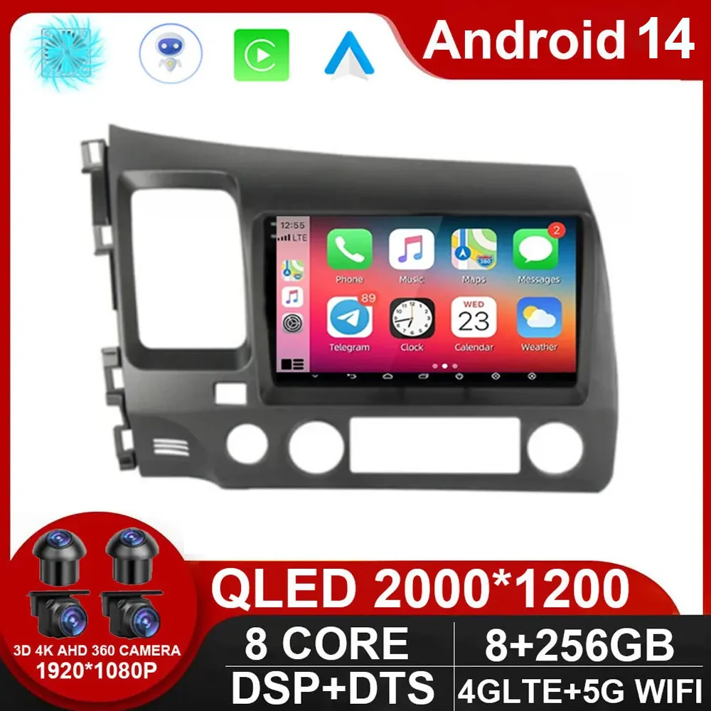 

9 inch Android 14 Carplay Car Stereo Radio for Honda Civic 8 2005 - 2012 Multimedia Player Navigation GPS 2 Din 4G Audio NO DVD