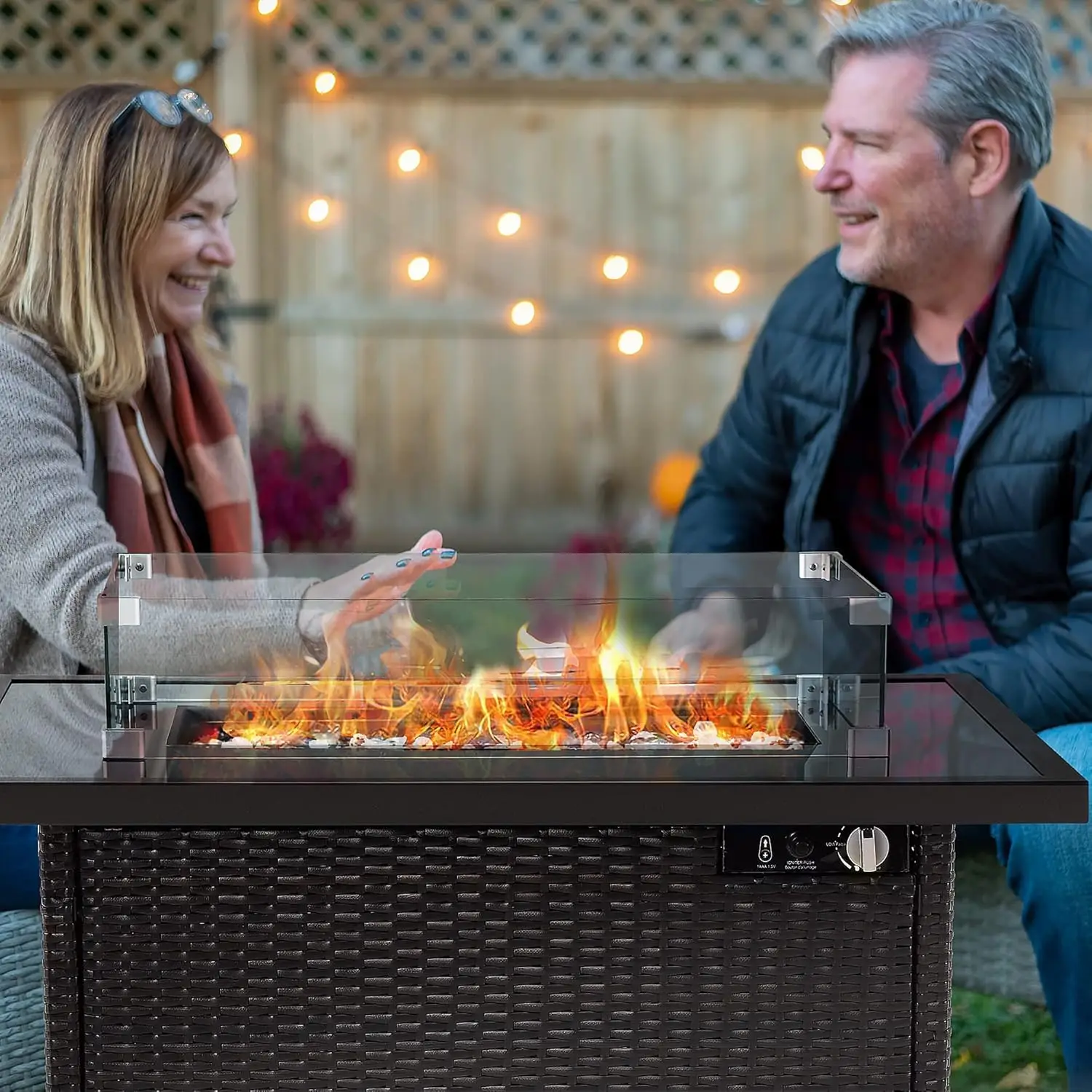 Propane Fire Pits,50,000 BTU Auto-Ignition Outdoor Fire Pit Table with Glass Wind Guard,41 Inch Outdoor Fire Tables