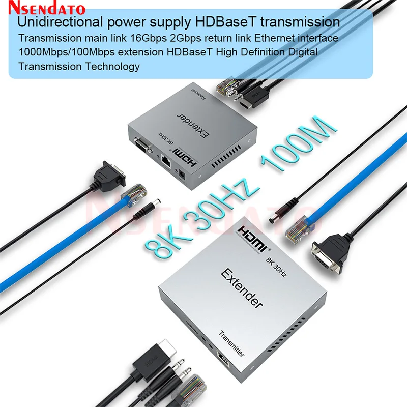 8k 30 هرتز HDBaseT HDMI موسع 100 متر عبر Cat6/6a 4k 120 هرتز hdbaset موسع HDMI جهاز إرسال واستقبال الفيديو موسع لتلفزيون الكمبيوتر