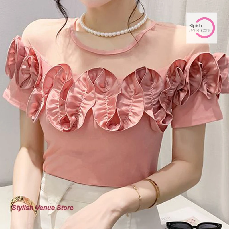 

French wooden ear stitching gauze short-sleeved T-shirt female summer new fashion round neck design sense Joker sexy blouse.