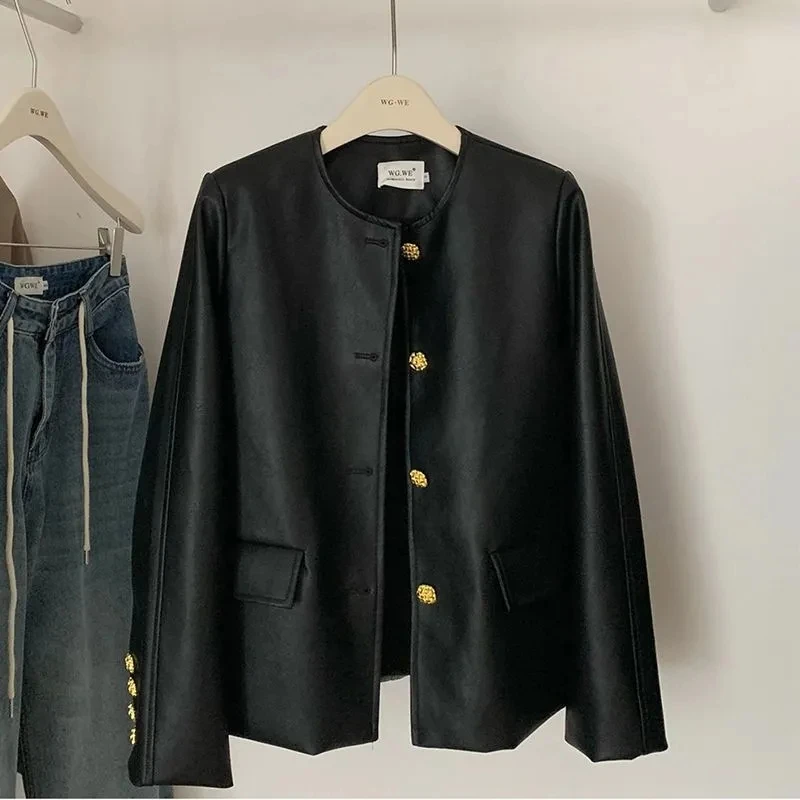 جاكيت نسائي أنيق من الجلد الصناعي الأسود، تصميم عصري للربيع والخريف، نمط كاجوال شعبي، فضفاض وذو إحساس راقي للسيدات #2