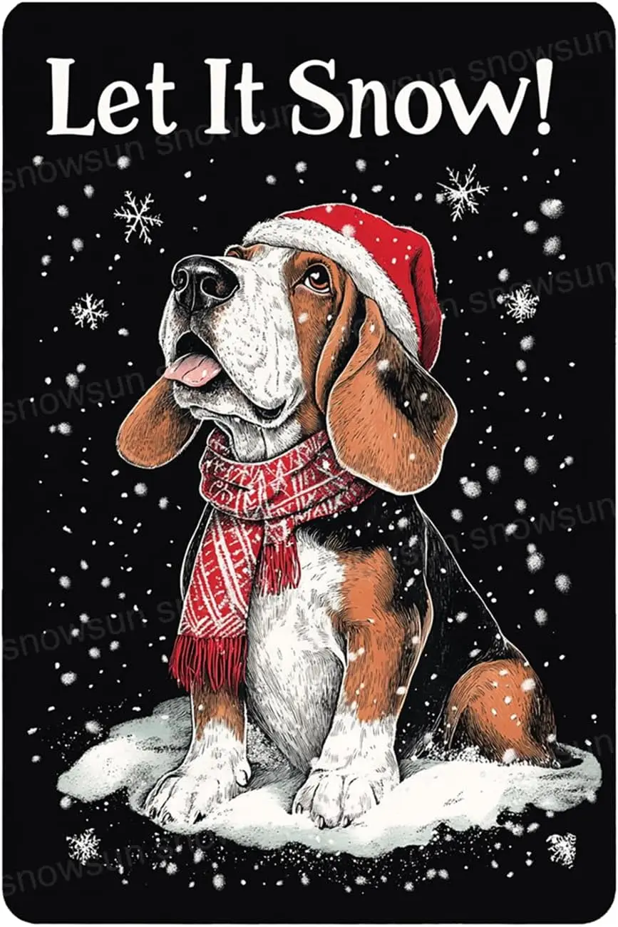 Snowsun Metal Sign Basset Dog Let It Snow Vintage Sign Retro Tin Sign Aluminum Sign Winter Sign Christmas Signs Inside Wall Deco