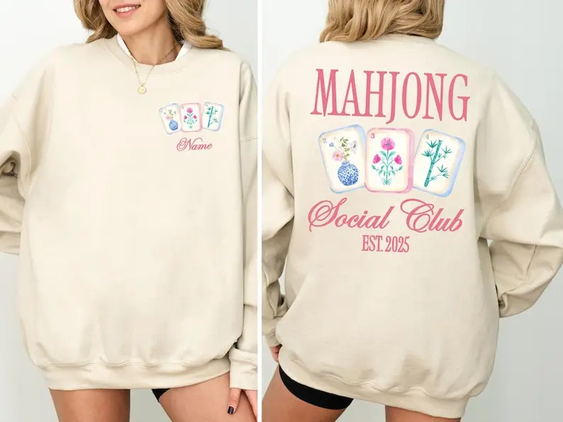 Custom Mahjong Social Club Autumn and Winter Sweatshirt Personalized Name & Year Hoodie or Crewneck Floral Tile Design Hoodie