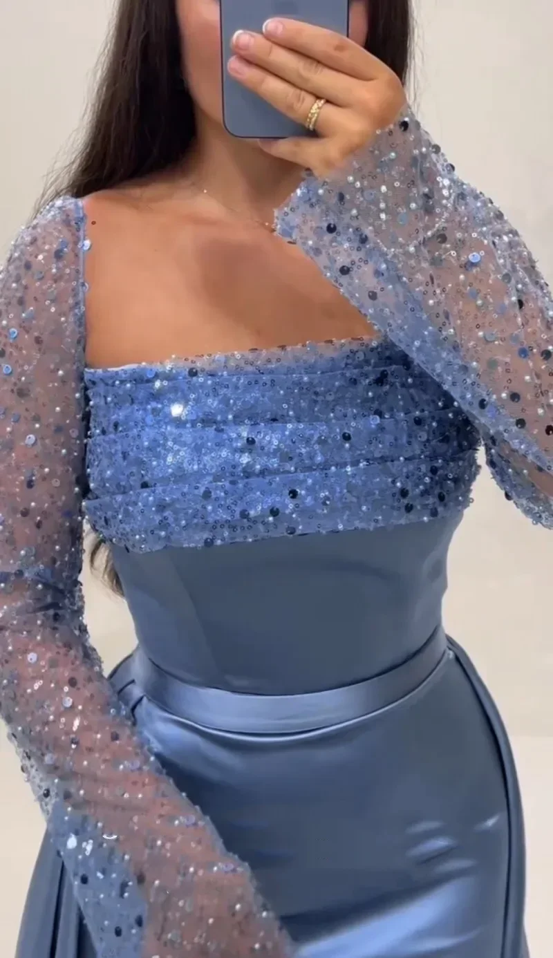 Vinca Sunny Aangepaste Blauwe Zeemeermin Avondjurken Lange Mouwen Lovertjes Prom Party Gown Afneembare robe de soirée 2025