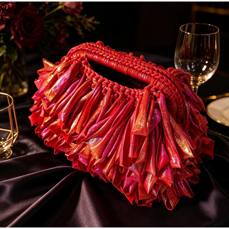 Quasten-Handtasche mit Obergriff, Bunte Fransen-Häkel-Clutch, Modische Abendtasche für Hochzeiten, Cocktailpartys, Abschlussbälle und Events – Detail 15