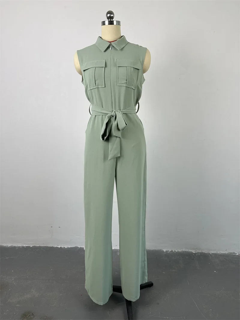 Trend Lapel Pocket Jumpsuits Women Summer Rompers Shirt Tops Jumpsuits Waist Trimming Loose Wide Leg Pants Sleeveless Jumpsuit