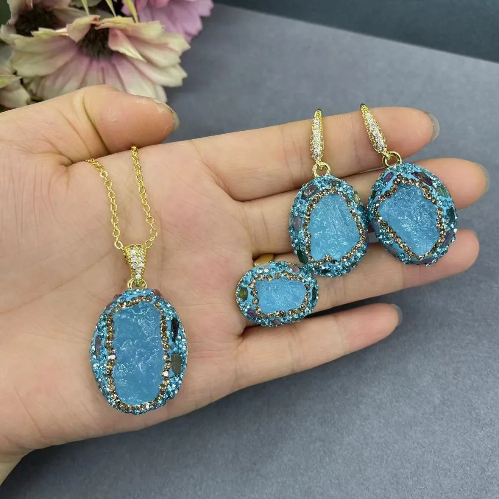 

New Blue Treasure Stone Women's Necklace, Earrings, and Ring Set Simple and Exquisite Ladies' Banquet Matching Jewelry