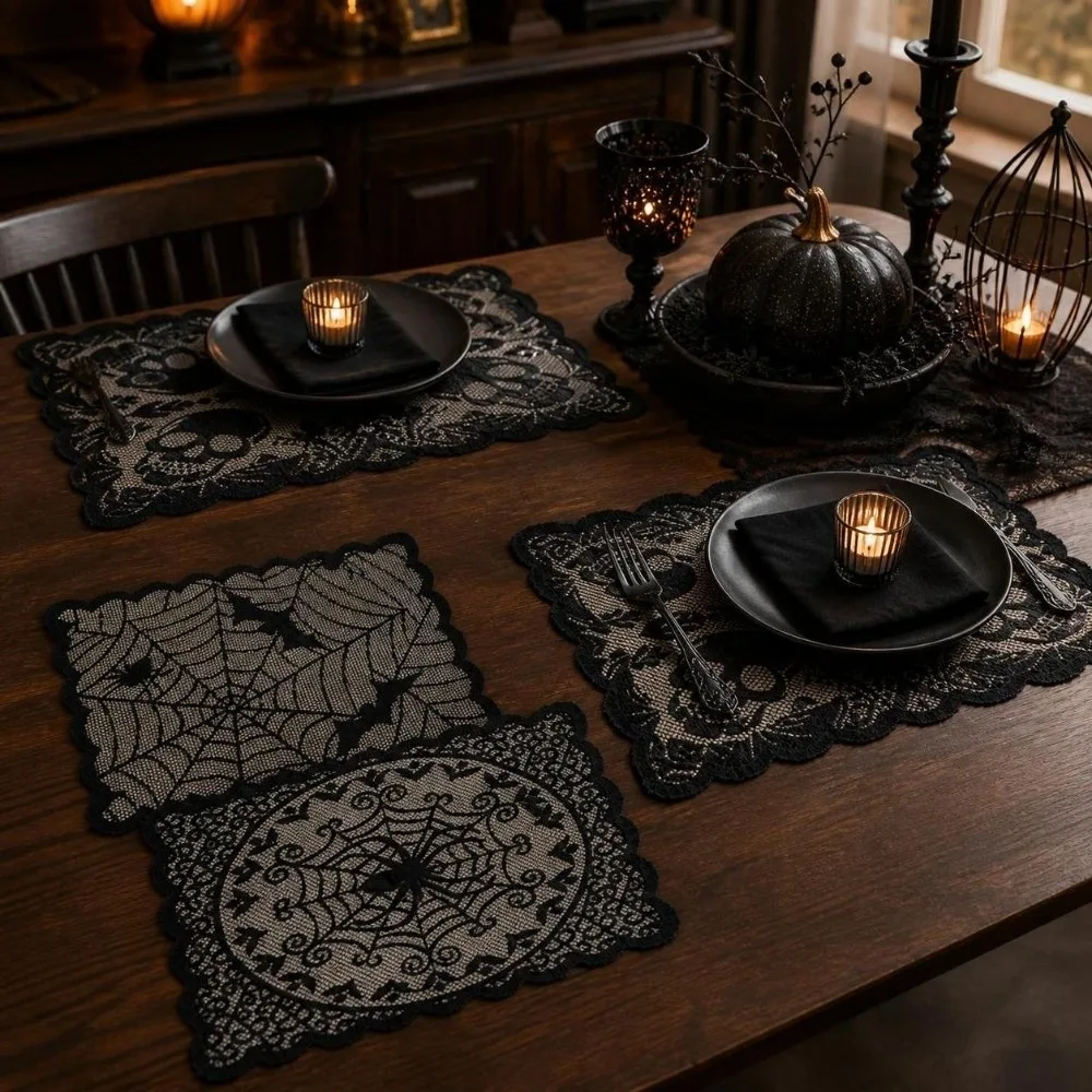 Gothic Style Halloween Placemats Spider Web Skeleton Bat Table Napkins Heat Insulation Decoration Lace Table Mat