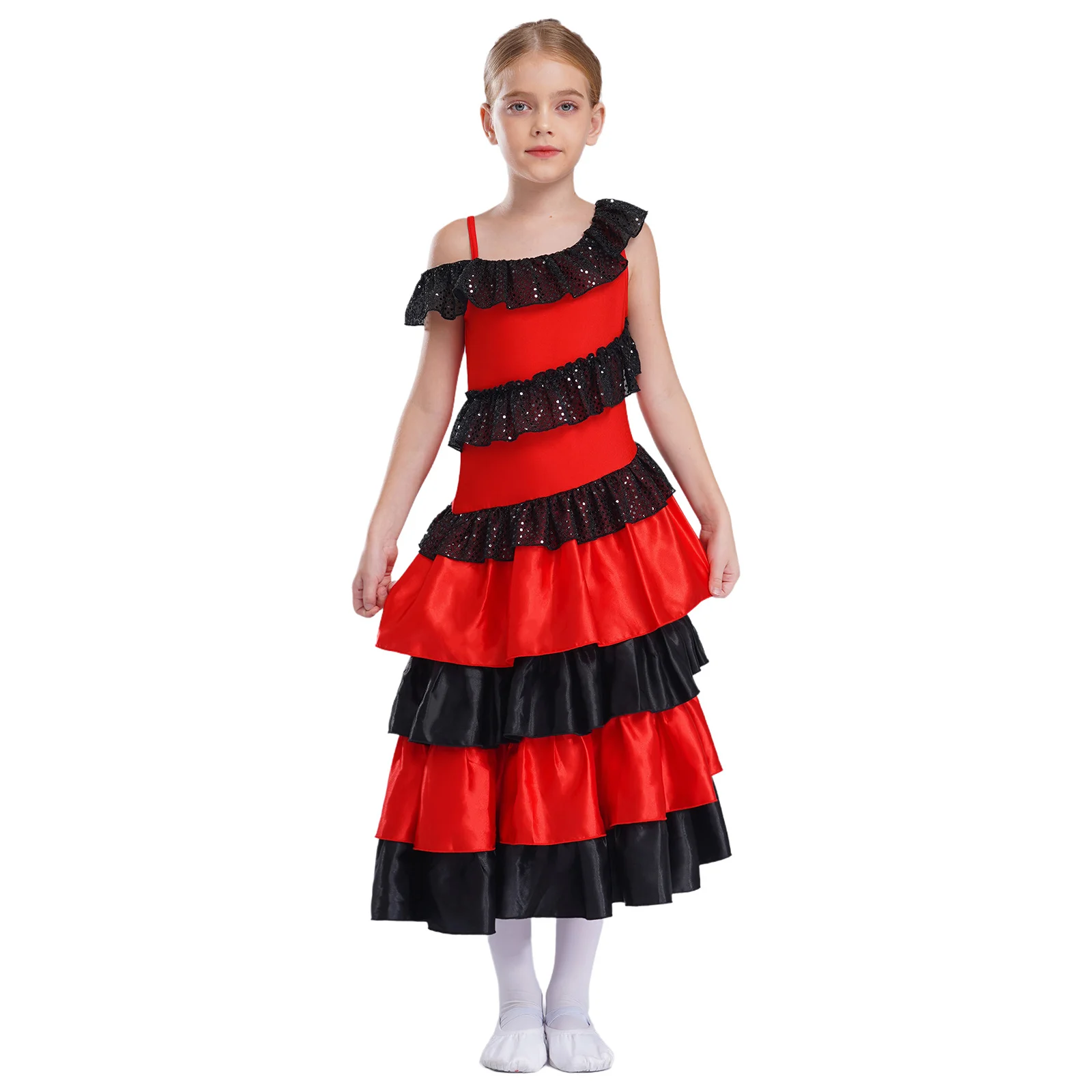 Robe de danse de salle de bal Flamenco pour enfants, Costume de fête de bal d'halloween pour filles, épaules dénudées, à volants à plusieurs niveaux, robe de danse en Satin