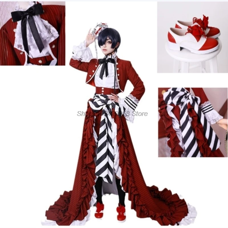 Ciel Black Tea Cup Cosplay Costume Butler Victorian-style Gown Red Gothic Lolita Long Dress Set Wig Halloween Party Costume