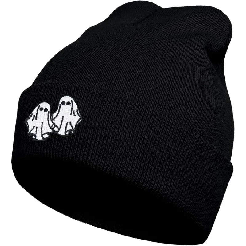 

Ghost Beanie Hat Black Cute Funny Goth Embroidery Winter Knit Skull Cap for Adult Men Women