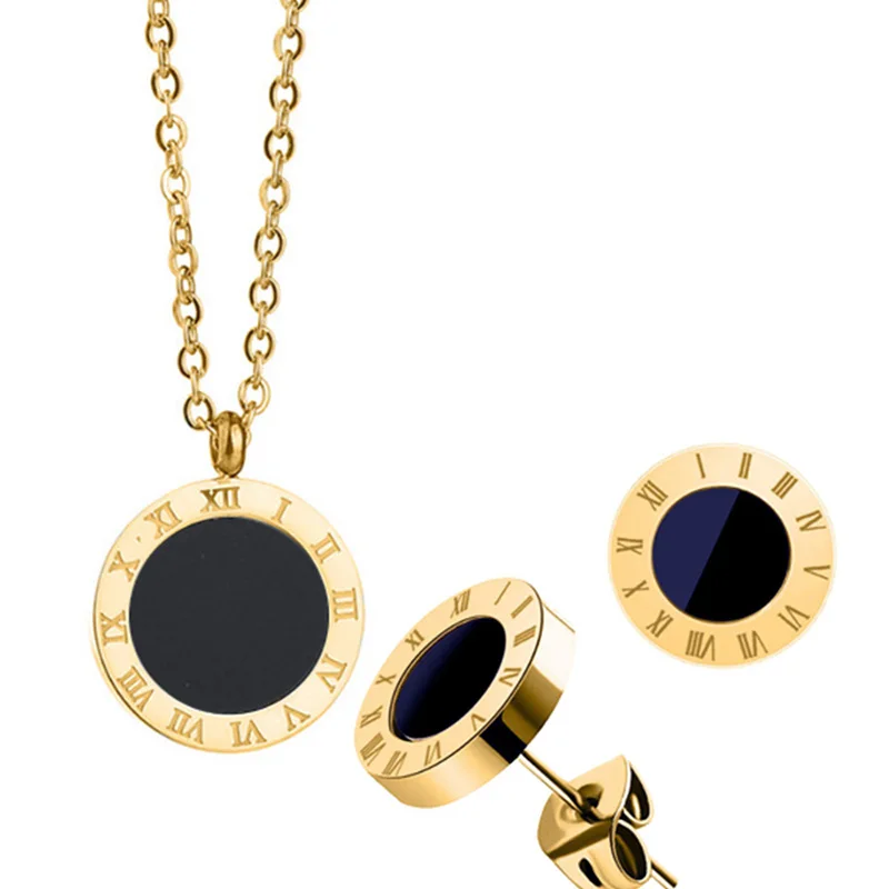 316L Stainless Steel Simple Black Enamel Roman Numeral Pendant Earring Necklace Set  Cережки Hабор