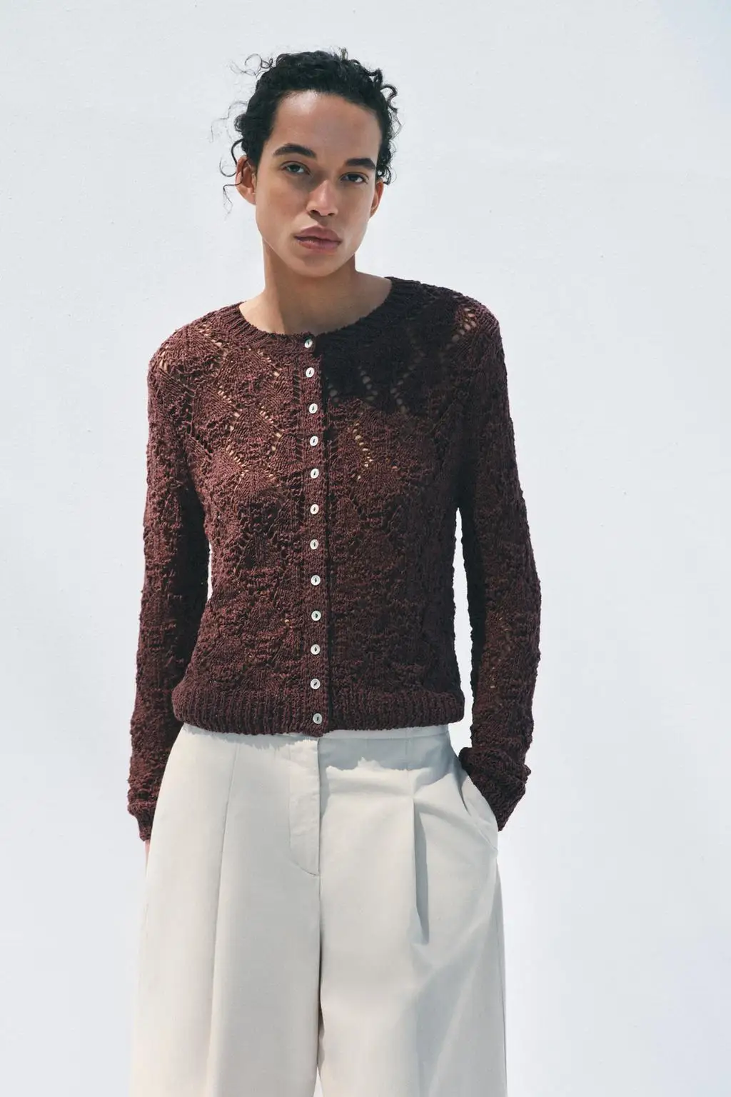 

YY1318 ZA25 Summer New Women's Casual Versatile Buckle Round Neck Long Sleeve Hollow Jacquard Mesh Knitted Jacket 9598065