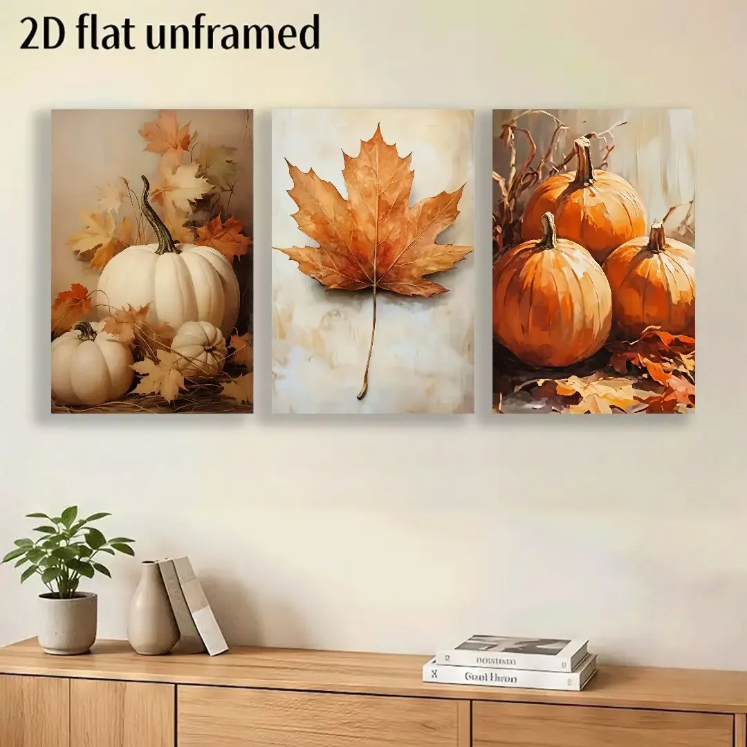 2D Flat 3pcs frameless , , (s)   American Country Autumn Maple Leaf And Pumpkin Canvas Wall Art, Modern W