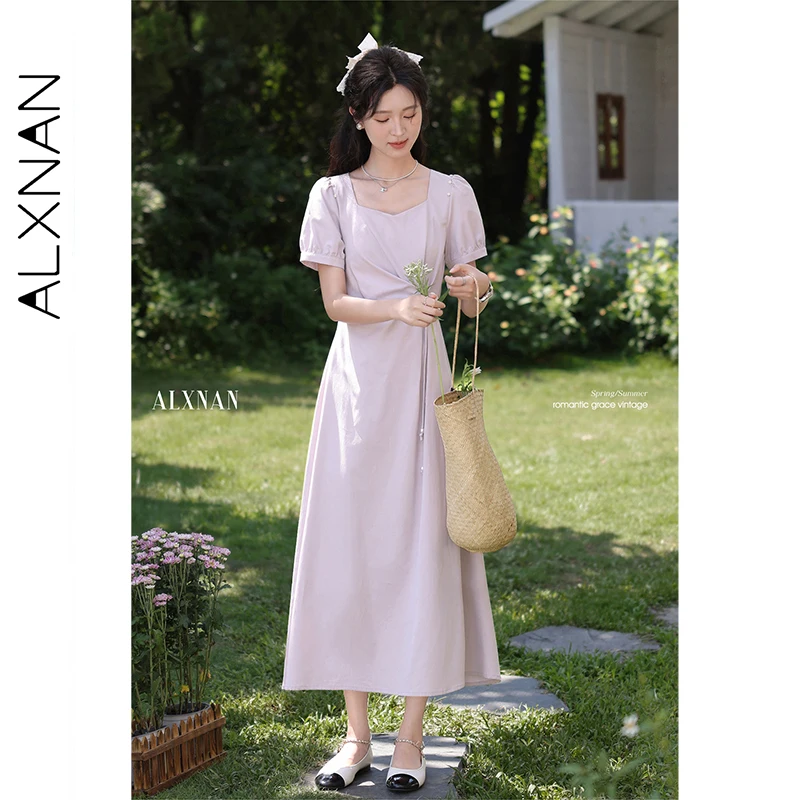 

ALXNAN Women's Dress Purple Elegant Square Neck Long Puff Sleeves Holiday Dress 2026 Summer Casual Party Ladies Clothing L55925